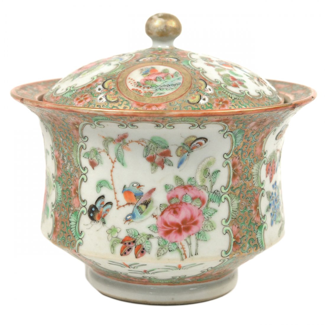 Chinese Rose Medallion Covered Bowl: Footed covered bowl flaring at rim. features song bird and butterfly reserves. [6 1/8" Dia. x 5 7/8" H]. Wear with few small chips on rim and lid finial.
