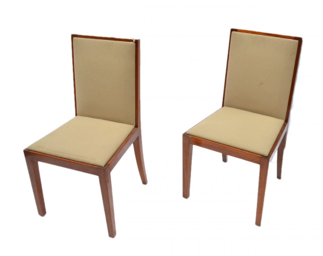 Pair of French Side Chairs: Pair of Jules Leleu-style side chairs. Beige upholstery. [35 1/4" H (backs) x 18 1/2" W x 17 1/2" to seat].