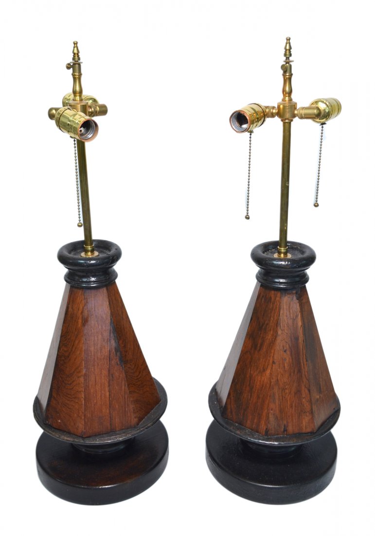Pair of Sculptural Wood Lamps: Polished and ebonized wood. Scratches and scuffs. [27" H].