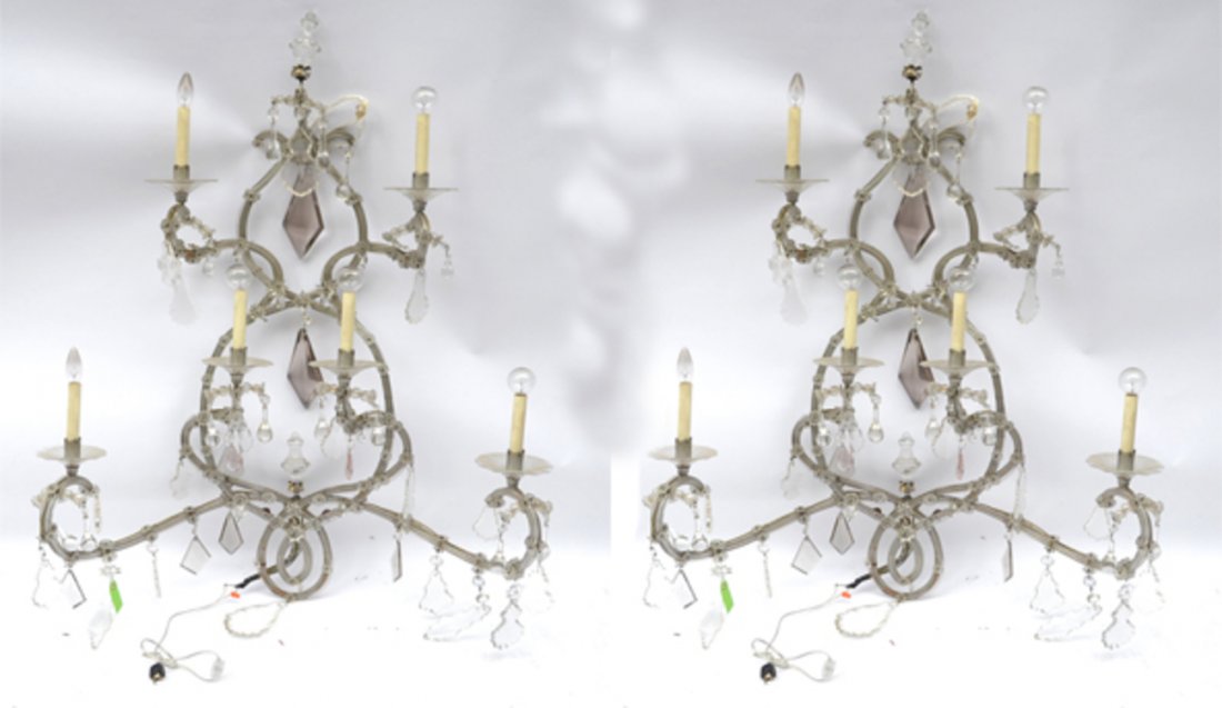 Pair of Large Exceptional Glass Sconces: Each with 5 arms in three tiers. With molded multiple prisms and applied glass flowers. [35" W x 10" D x 56" H]. Good condition.