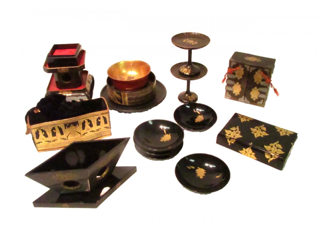 Assorted Vintage Lacquer Articles: Various international items. Includes: bowls, stands, miniature chest of drawers, box, coasters, and others. 15+ items. All sold as is.
