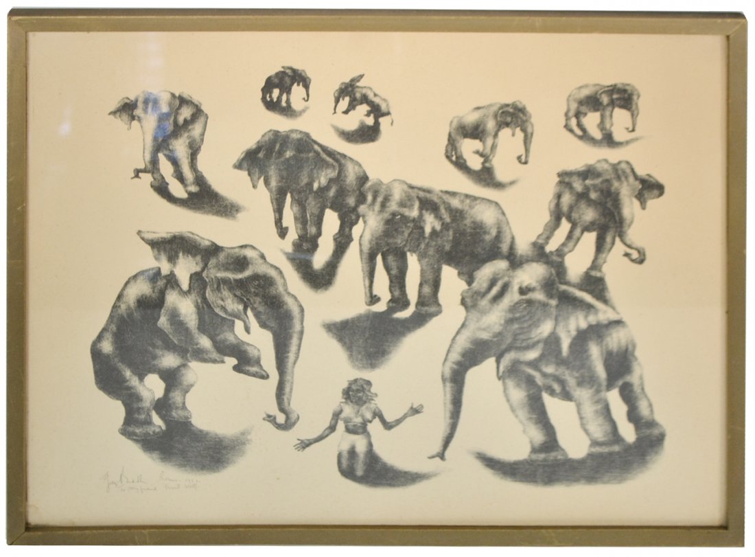 George Biddle, Signed Litho - Elephants: Composition with ten elephants in various poses with a seated female tamer at bottom center foreground. Signed bottom left "George Biddle, Roman 1952" in ink and inscribed "To my friend Ernest Wolf" i