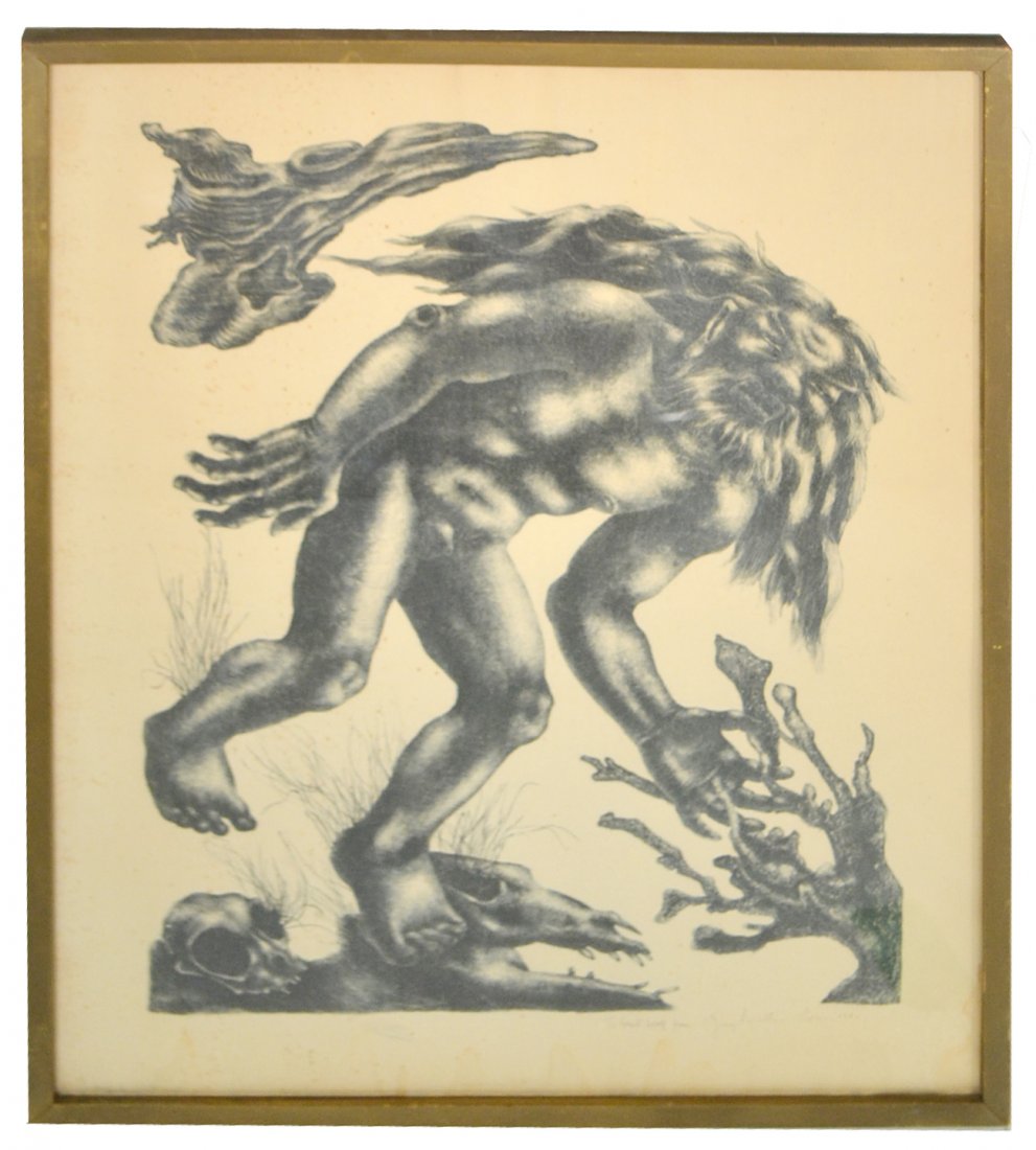 George Biddle, Signed Litho - Man: Depicts a hairy, bearded man among organic elements including a skull. Signed bottom right "George Biddle Rome 1952" in ink and inscribed "To Ernest Wolf..." in pencil. [Image: 14" x 18" on larger she