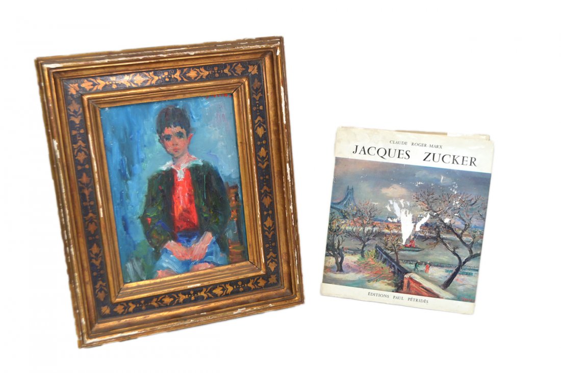 Jacques Zucker, Portrait - Boy: Waist-length seated depiction of a young boy in a full-profile pose. Signed top right "J. Zucker". [Art: 9" x 12"; Frame: 16 1/4" x 19 1/4"]. Few abrasions in background. Accompanied by a 4to book "Ja