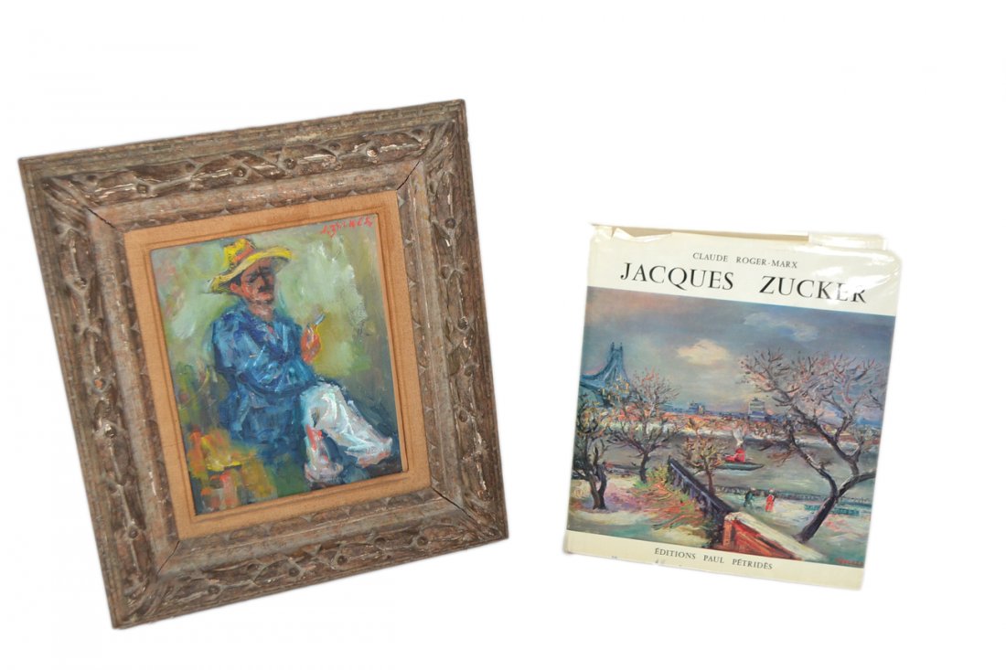 Jacques Zucker, Seated Man - Portrait: Full-length seated portrait of a smoking man in a 3/4 profile pose. Signed top right "J. Zucker". [Art: 8 1/4" x 10"; Frame: 15 3/8" x 17 1/4"]. Accompanied by a 4to book "Jacques Zucker" by Claude Ro