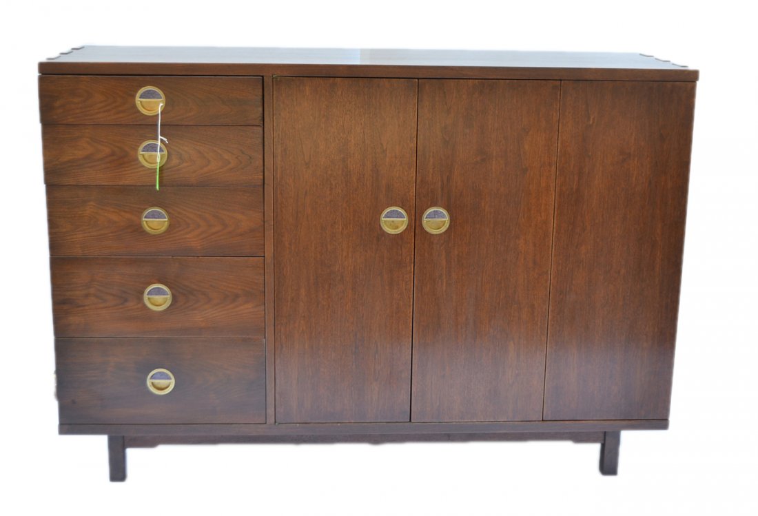 Dunbar Cabinet w/ Natzler Ceramic Pulls: Designed by Edward Wormley with Otto Natzler tiles inset in brass drawer pulls. Dunbar label, circa 1957. [60 1.4" W x 19 1/4" D x 41 3/4" H]. A few light scuffs, otherwise in very good condition.
