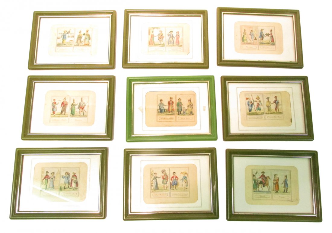 Nine 1833 Ethnographic Costume Plates: Nine printed and hand colored costume illustrations with two images per plate. All published "Oct. 1833 by J. Harris St. Paul's Church Yd". [Images: 3 1/4" x 2 1/2" on larger sheets; Frame: 8" x 6"].