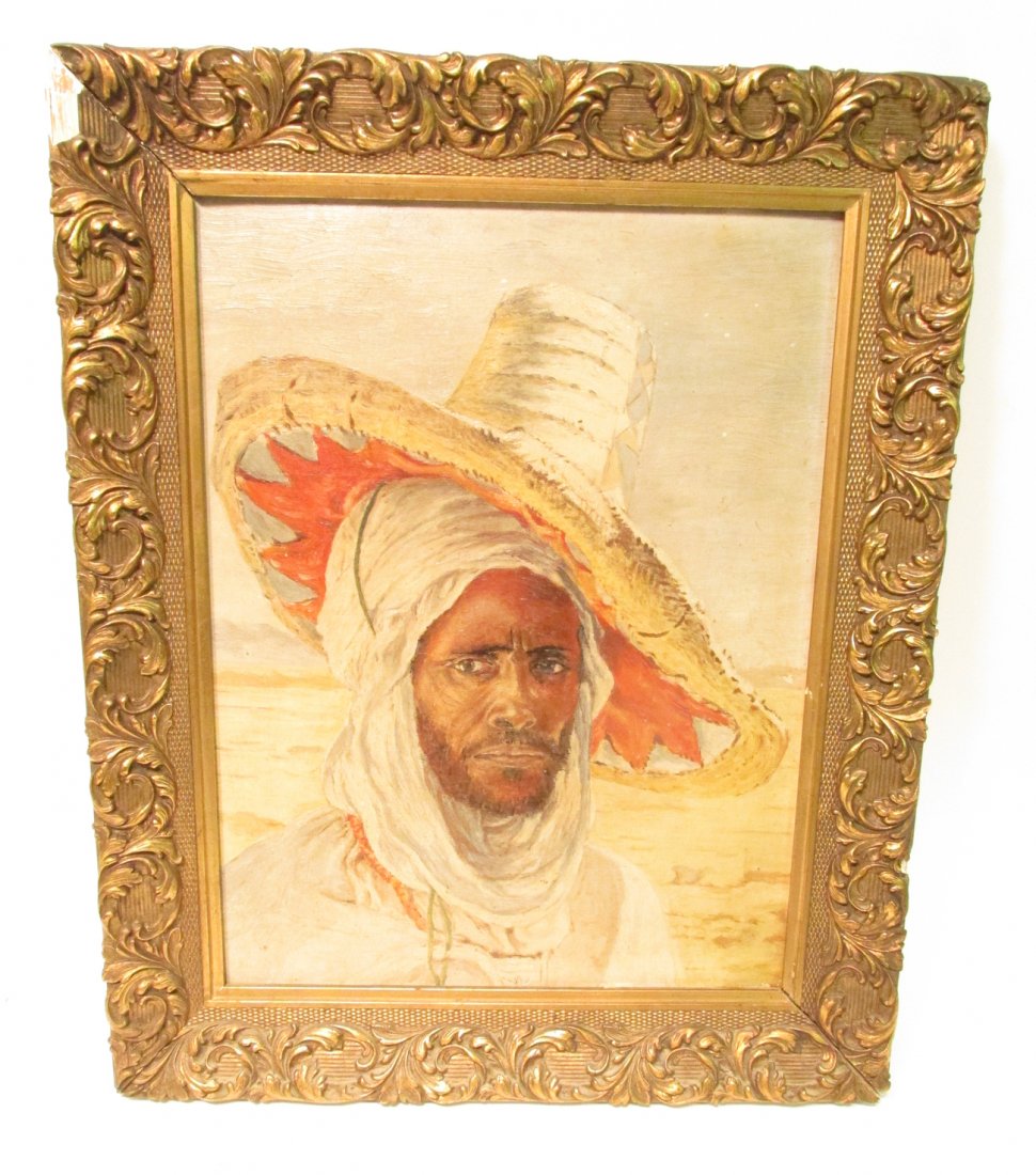 Antique Oil on Academy Board - Portrait: Bust-length full profile depiction of a North African touareg in traditional costume with desert landscape background. Unsigned. [Art: 10 1/8" x 13 3/8"; Frame: 14" x 17 1/4"]. Board bowed at center a