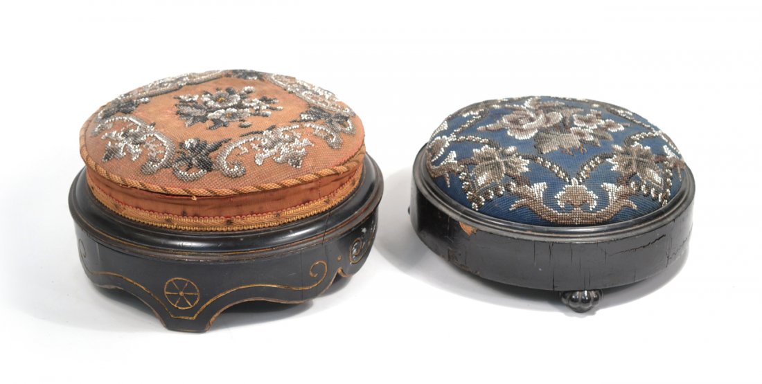 Two Victorian Beaded Footstools: Each circular low footstool with bead embroidered floral upholstery. [10" Dia]. Some wear to beading, otherwise in good condition.
