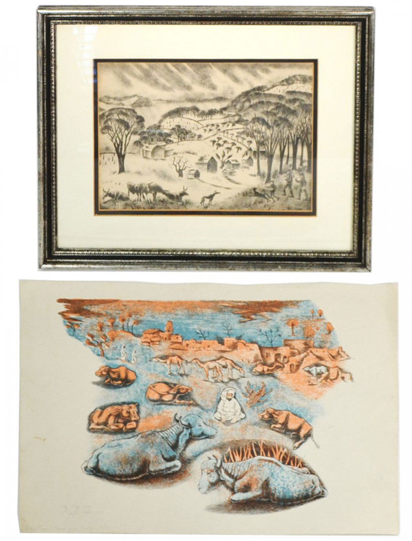 George Biddle, Two Works: Colored etching depicting a shepherd among cattle. Signed and inscribed at bottom left "To Ilsia From George Biddle, 1959/...India 17/35". [Image: 16" x 11 7/8"; unframed]. Age-toning, bumped corners,