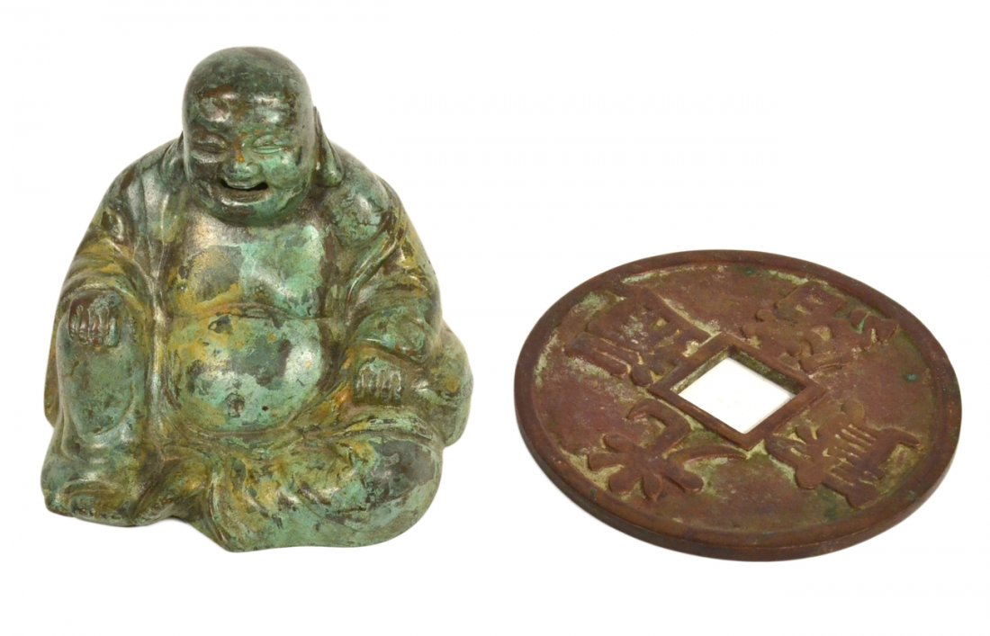 Two Chinese Bronze Decorations: Comprises a seated hotai and a bi decorated with dragon motif and Chinese characters in relief. [Hotai: 4 1/2" H]. Good condition.