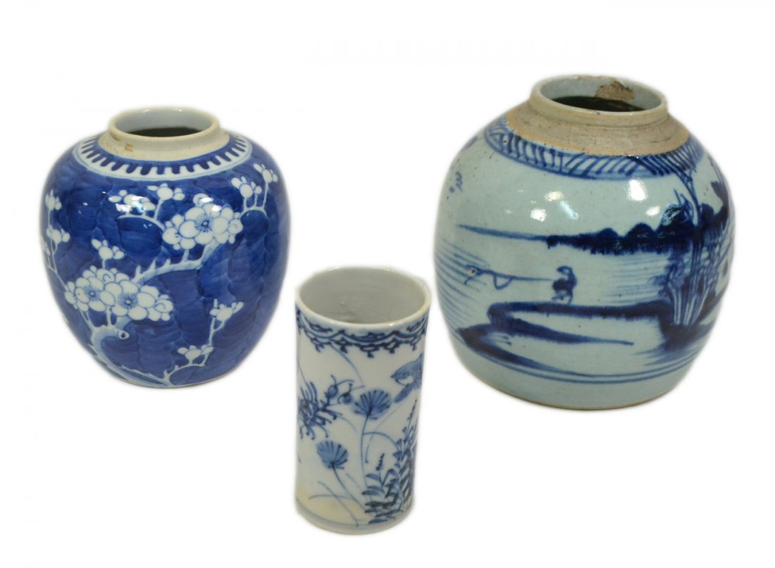 3 Asian Blue & White Porcelain Antiques: Comprises two ginger jars, lacking covers, and a small cylindrical vase. [Largest: 6 1/4" H]. Small chips to larger jar and restoration to vase.