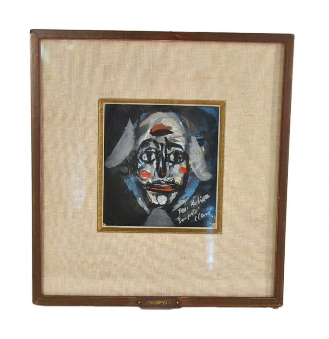Antoni Clavé, Watercolor and Gouache: Abstract depiction of a clown face. Signed bottom right "Clavé" and inscribed illegibly. Accompanied by a typewritten June 9, 1971 French text Certificate of Authenticity #221 issued by and signed. "