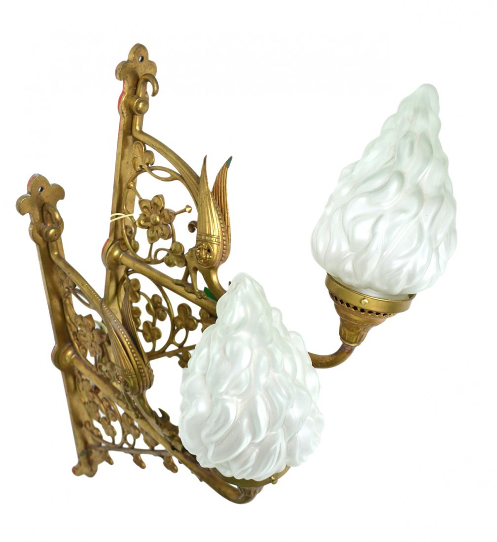 Pair of English Arts and Crafts Sconces: Each with one arm, with torch-form frosted glass shade. [6 1/2" W x 20" D x 24" H]. Good condition.