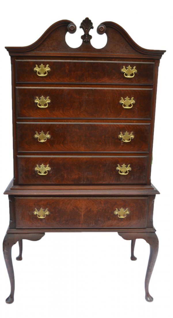 Queen Anne-Style Highboy: Mahogany Queen Anne highboy. [38" W x 23 1/2" d x 68 1/2" H].