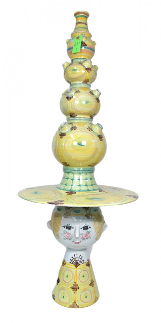Large Bjorn Wiinblad Tulipiere: Glazed ceramic six part figural tulipiere vase signed and dated " '69 " on base. [44" H]. Good condition.