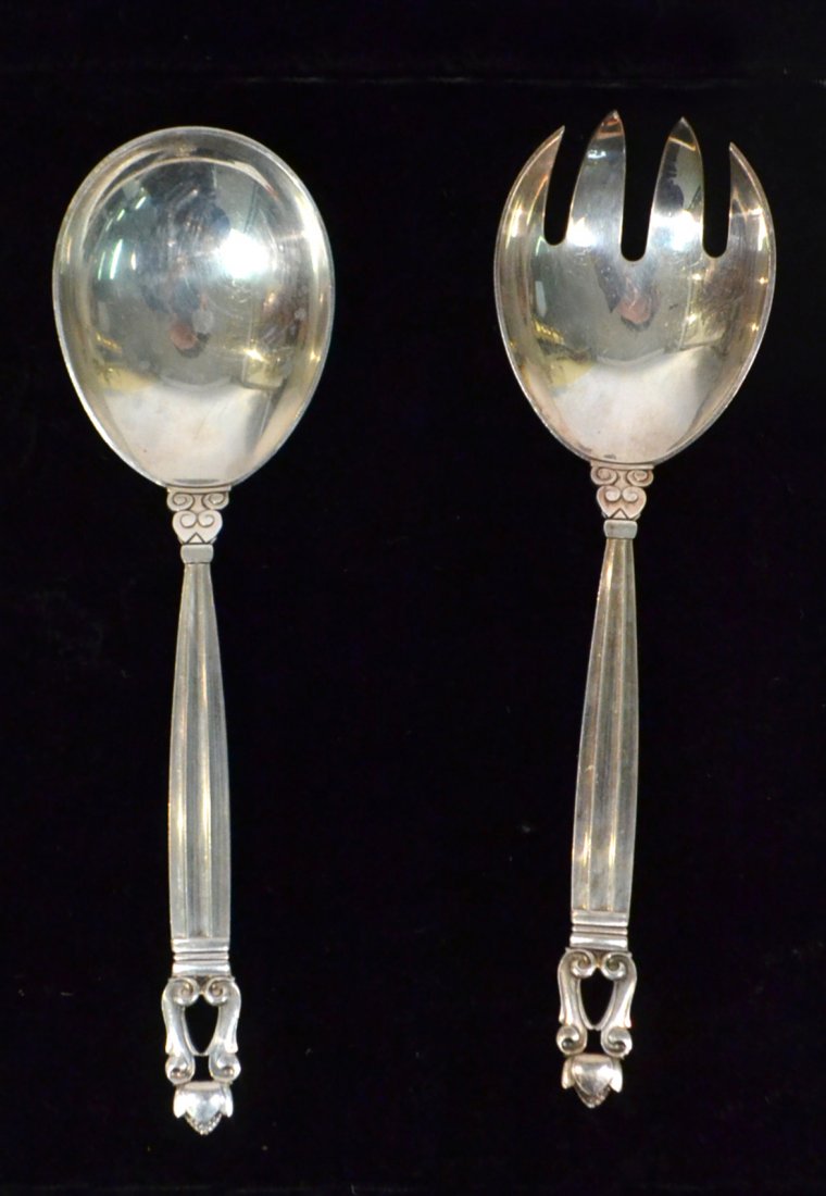 Pair of George Jensen Sterling Servers: "Acorn" pattern. Comprises serving spoon and fork. [7 7/8" L; 5.4 ozt]. Good condition.