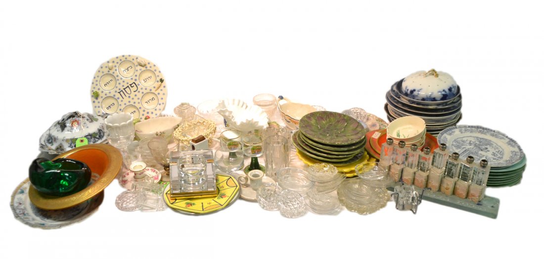 Assorted Porcelain, Ceramic, and Crystal: Comprises drinking vessels, vases, dishes, ash receivers, bowls, covered casserole, candle holders and others. Makers include Quimper, Christofle, Wedgwood, Val St. Lambert, and many more. 90+ items.