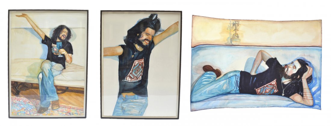 Robert W. Kitchen, Three W/C Portraits: Comprises: 1.) Full-length seated depiction of Musician Devendra Banhart singing while holding a wine glass. Unsigned. [Art 36" x 54" tipped to mount on verso; Frame: 39" x 57"]. Good condition. 2.) W