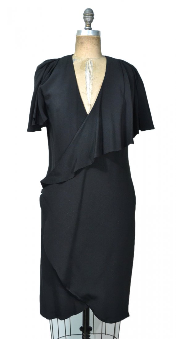 Bruce Oldfield Black Silk Cocktail Dress: Wrap front with flounced sleeves. Size 6. Overall good condition.