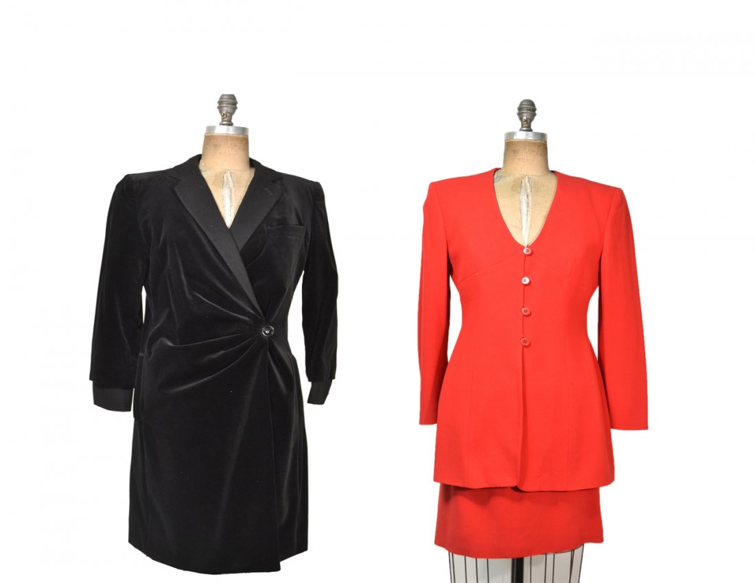 Two Giorgio Armani Ensembles: Comprises a red two-piece wool gabardine skirt suit and a black velvet wrap dress. Both size 42. Overall good condition.