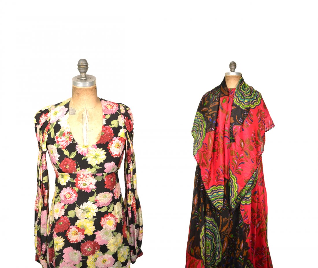 Lanvin & Thea Porter Floral Silk Dresses: Comprises: 1.) Lanvin sleeveless long summer dress with scarf (bears multiple tears). 2.) Thea Porter long dress with hand smocked detail on sleeves. Good condition.