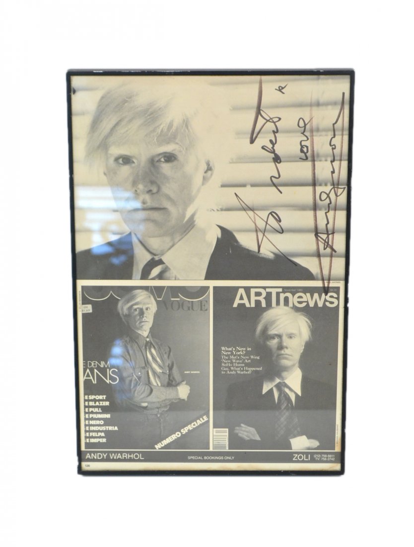 Andy Warhol Signed Headshot: Black and white offset lithograph sheet from a Zoli Modeling Agency catalogue. Boldly signed vertically at upper right: "to Robert with love Andy Warhol" in felt tip. [Image: 16 1/4" L x 10 3/4" W; Fr