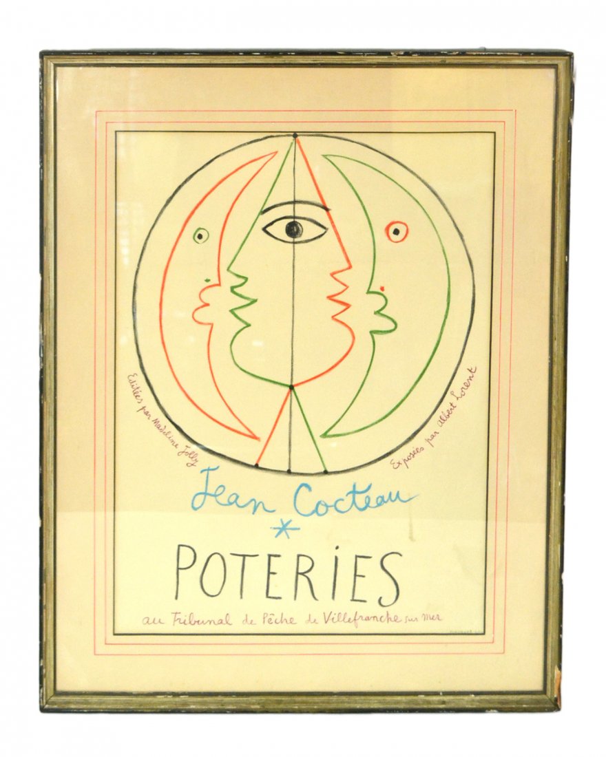 Vintage Jean Cocteau "Poteries" Poster: Features an abstract graphic of faces and crescent moons. Inscribed and titled in-the-plate with publisher "Mourlot" imprint at bottom right. [Sight: 17 7/8" x 23 5/8"; Frame: 25 1/8" x 31"]. Matted u