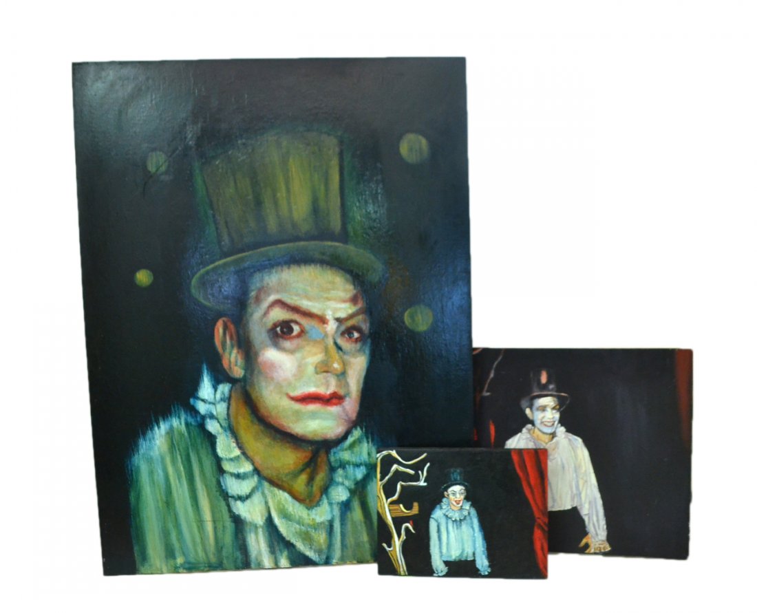 Robert W. Kitchen, 3 o/c "Edgar Oliver": Comprises: 1.) Bust-length 3/4 profile clown with pots in background. [Art: 36" x 48"]. Unsigned. 2.) Waist-length 3/4 profile pose depiction of a smiling Edgar Oliver. [Art: 28" x 20"]. Signed and ti