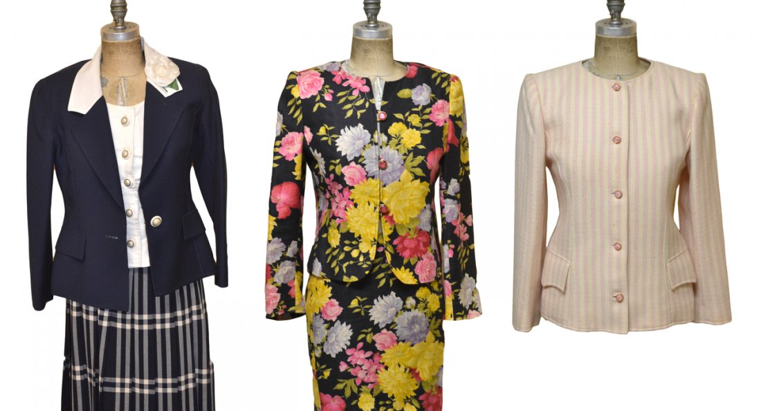 Ungaro & Oscar De La Renta Spring Suits: Comprises: 1.) Ungaro floral linen two-piece skirt suit. 2.) Ungaro pink and cream striped jacket. 3.) Oscar De La Renta three-piece navy and cream suit. A few small stains, otherwise in good conditio