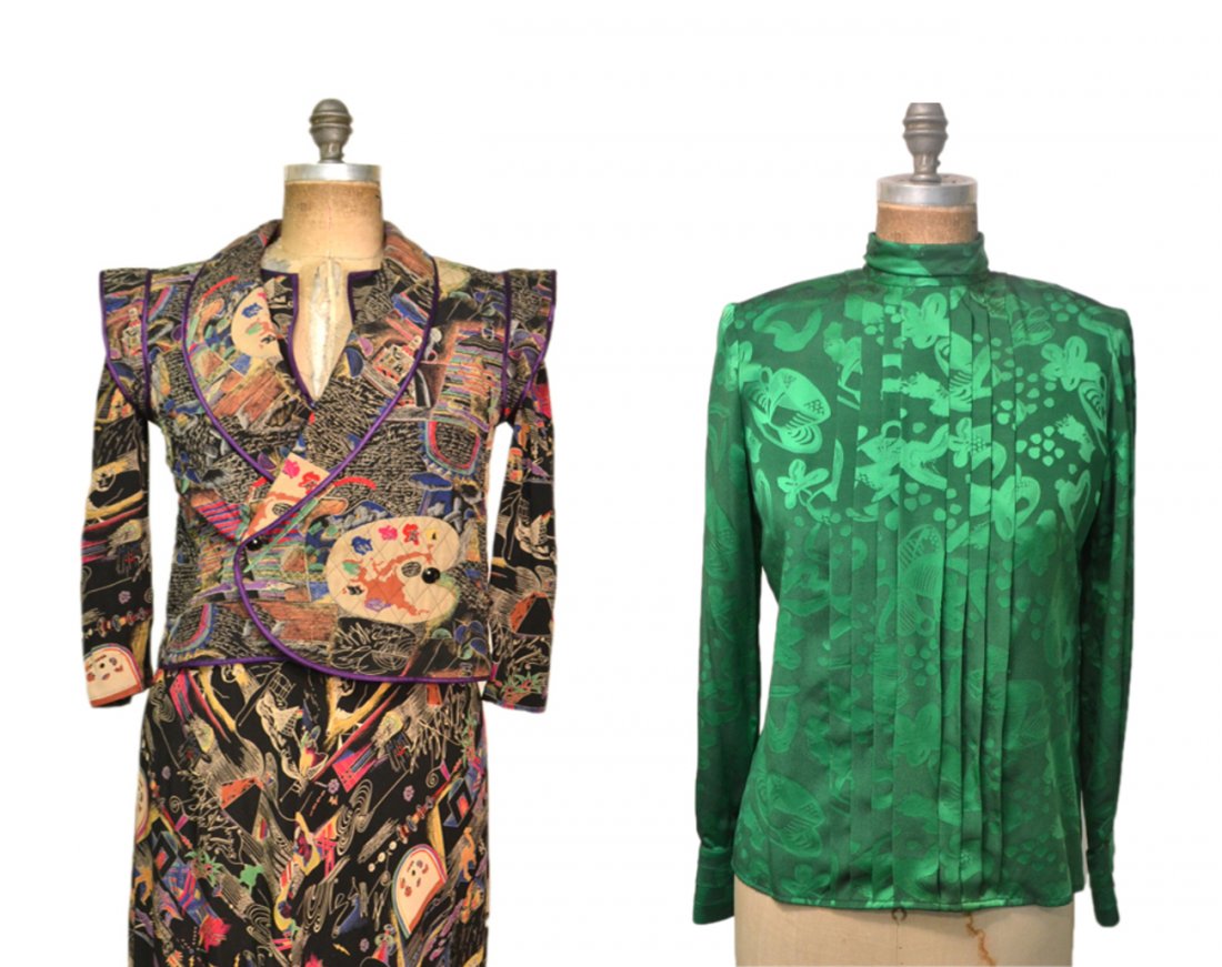 Three Ungaro Silk Dress Articles: Comprises: 1.) Saul Steinberg silk print dress with quilted vest. Good condition. 2.) Green silk blouse. Good condition.