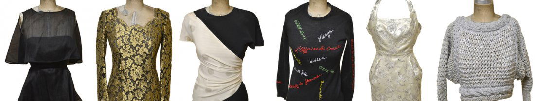 Six Fashion Articles: Comprised of a gold lace dress, a Bruce Oldfield gown, 1 early 1960s brocade dress, one black silk dress with overblouse, and 2 sweaters. Stains and discoloration.