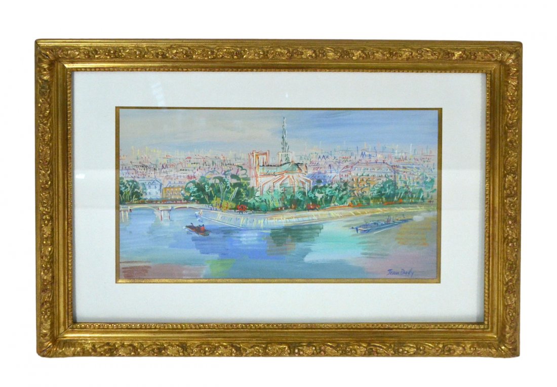 Jean Dufy - "River Seine" Watercolor: Framed watercolor under glass depicting a riverside Parisian scene circa 1930. Signed lower right. Vibrant colors, not examined out of frame. Accompanied by a 1985 appraisal from Soufer Gallery. [Imag