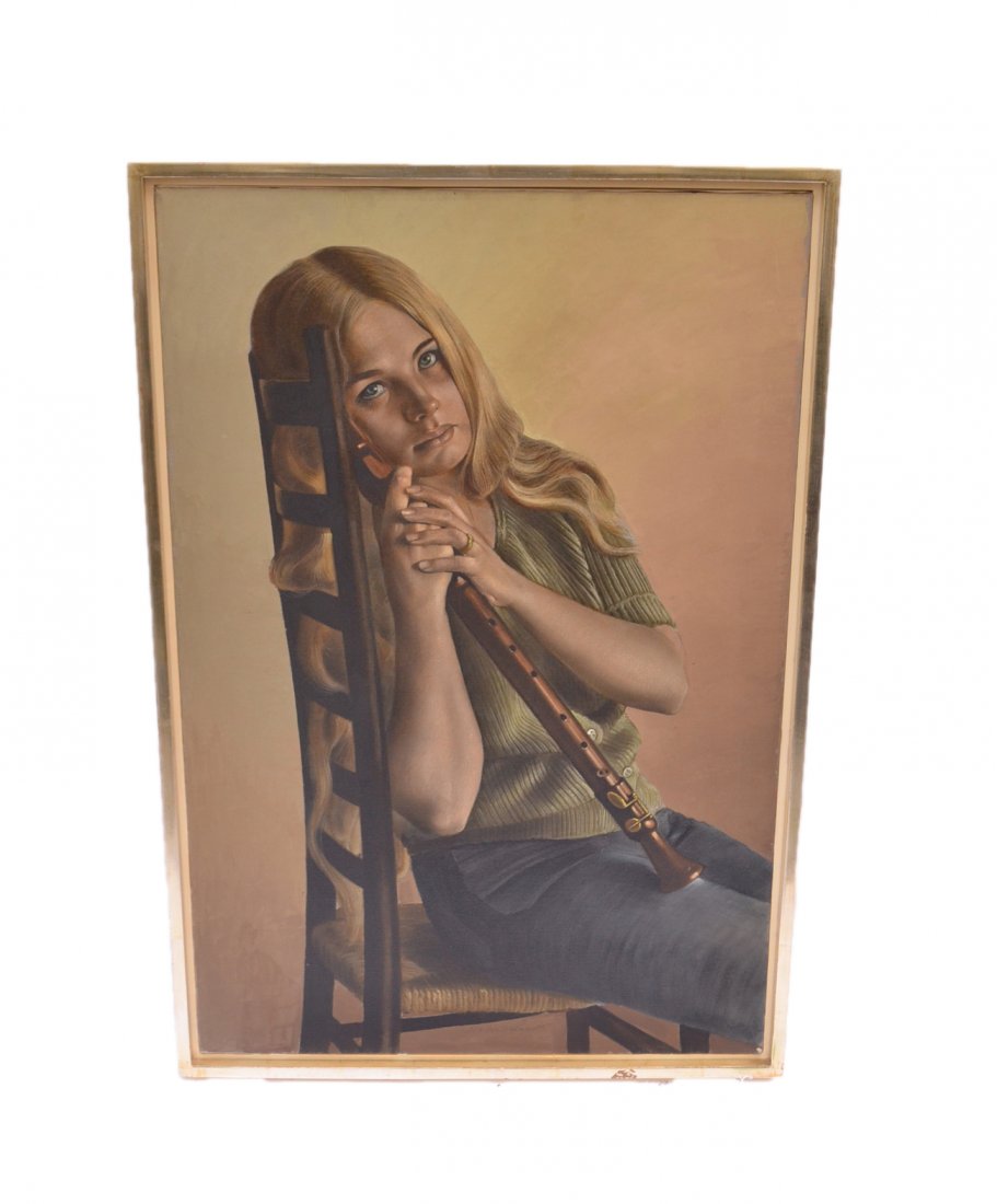 Roberto Lupetti - Oil on Canvas: Oil on Canvas - Flautist. Framed portrait of a young blonde woman seated on a shaker ladderback chair, holding a flute. Signed lower center. [Image: 36" H x 24" W; Frame: 38 1/8" H x 26" W].