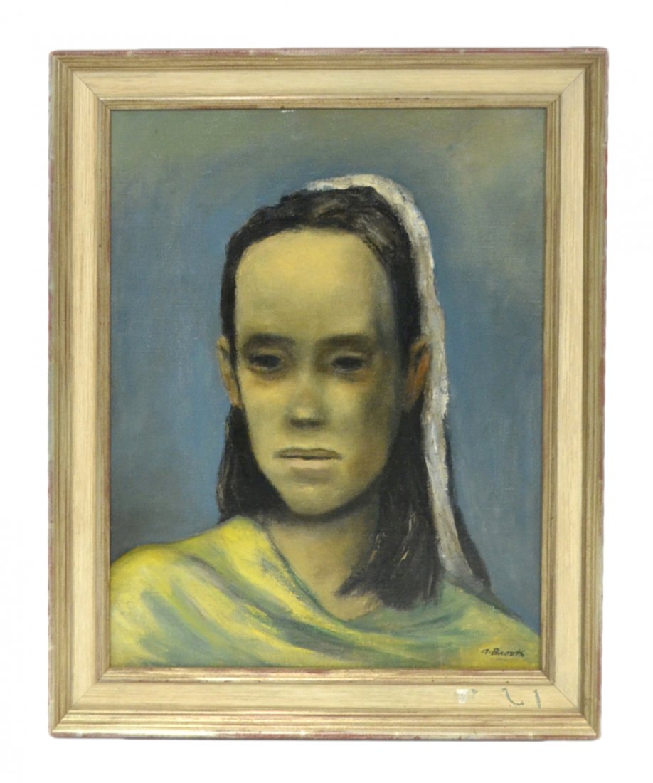 Alexander Brook, Oil on Canvas - "Tragedy": Portrait of a young woman. Signed lower right. [Art: 19 1/2" x 15 1/4"; Frame: 23 3/4" x 19 5/8"]. Good condition.