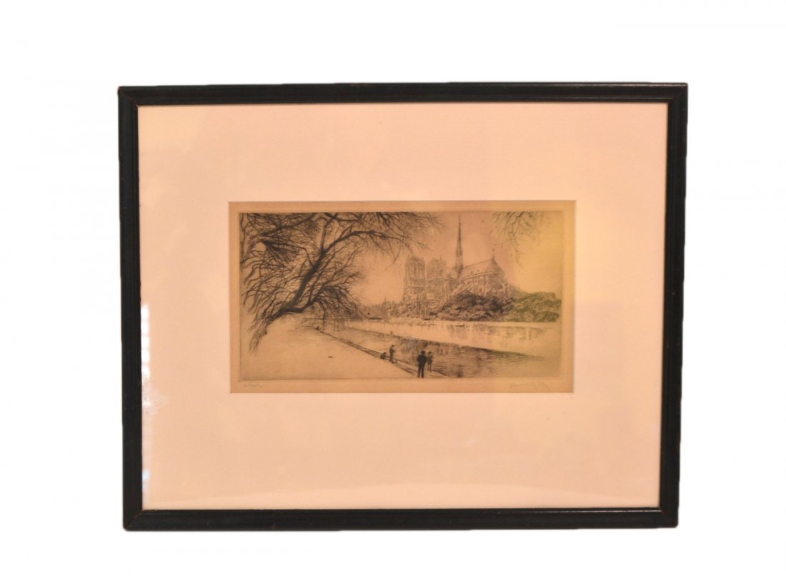Etching, Paris: Framed etching of people fishing and a church in the background. Signed illegibly. [Art: 4" x 8"; Frame: 14 3/4" x 12"]. In good condition.