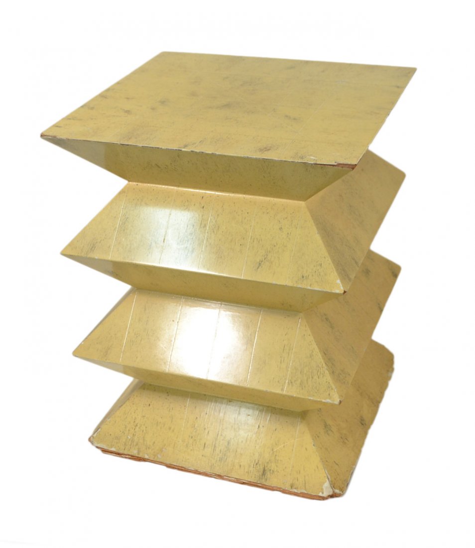 Karl Springer Bone Lacquer Low Table: Sculptural "Totemic"-style side table with beveled accent base. [14 1/2" sq. x 18" H]. Wear with loses at edges. Accompanied by original Karl Springer invoice.