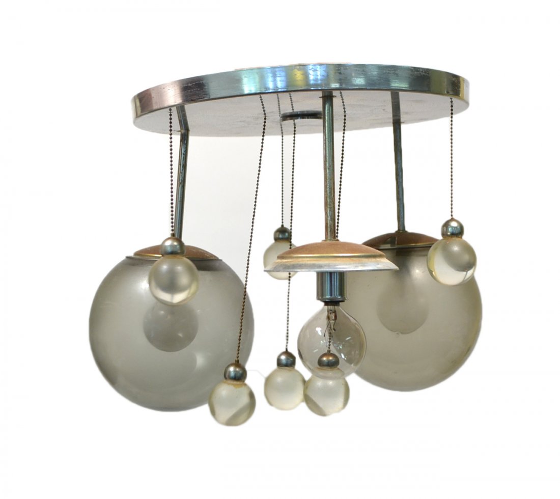Vintage Lightolier Flushmount Fixture: 3-light fixture with chrome hardware smoked glass globes (one missing) and four hanging clear glass ball accents. Nicotine residue.
