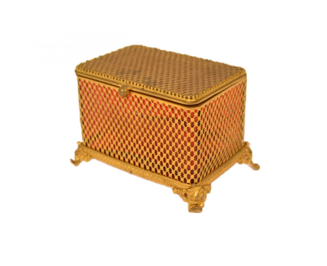 Gilt Metal and Cranberry Glass Box: Gilt metal and cranberry glass dresser box. [4" W x 3 1/8" D x 3" H]. In good condition.