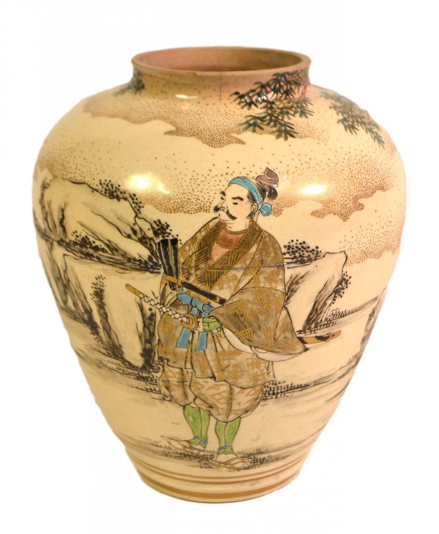 Japanese Satsuma Samurai Vase: Vase featuring three Samurai with assorted weapons under a tree while a lone swordsman occupies opposite side. [6 1/8" Dia x 6 7/8" H]. Rim ground, otherwise in good condition.