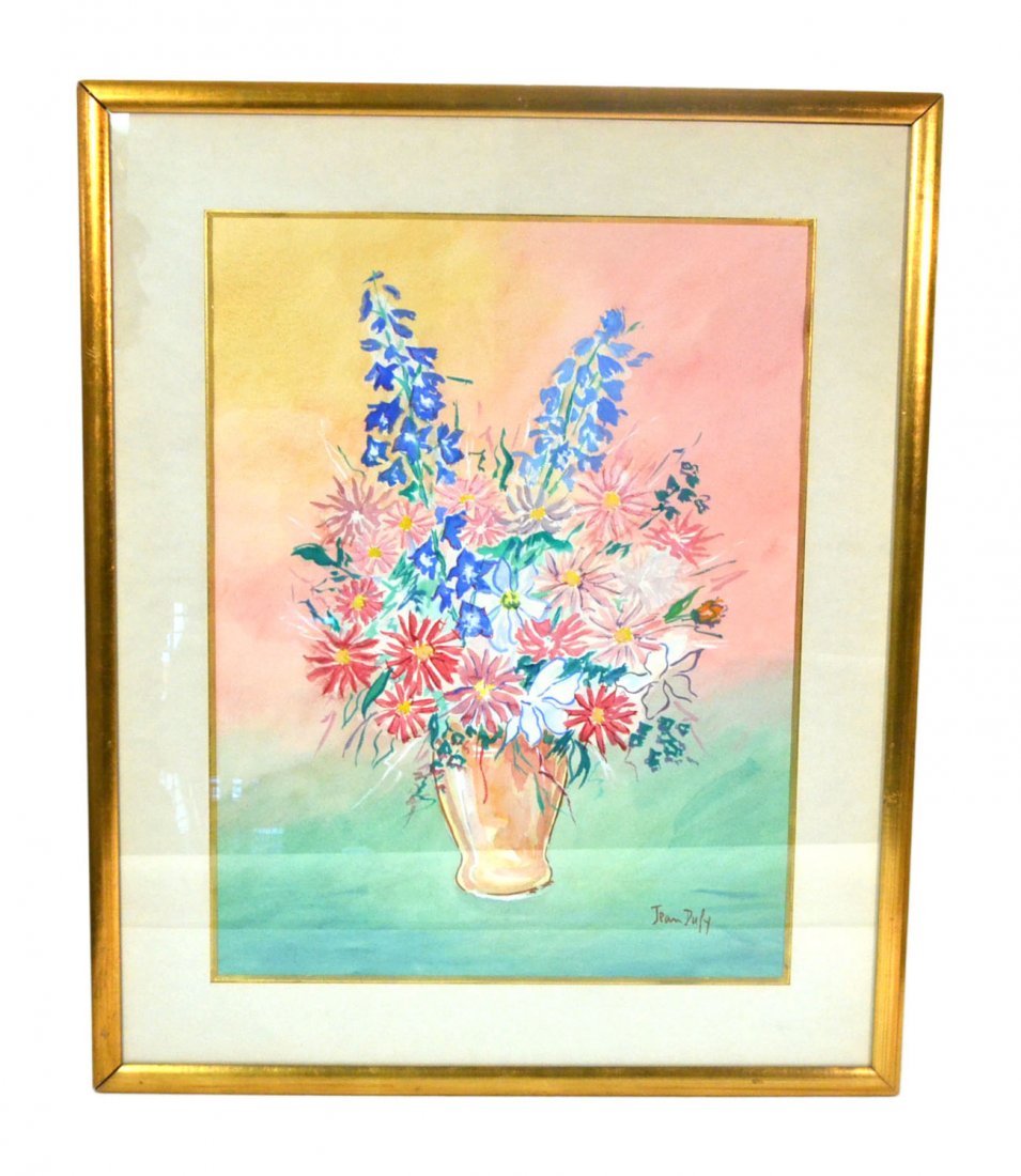 Jean Dufy "Vase des Fleurs": Framed watercolor and gouache under glass depicting a vase of summertime blossoms, circa 1940. Signed lower right. Accompanied by a 1985 invoice from Soufer Gallery. [Image: 24 1/2" H x 18 3/4" W; Fra
