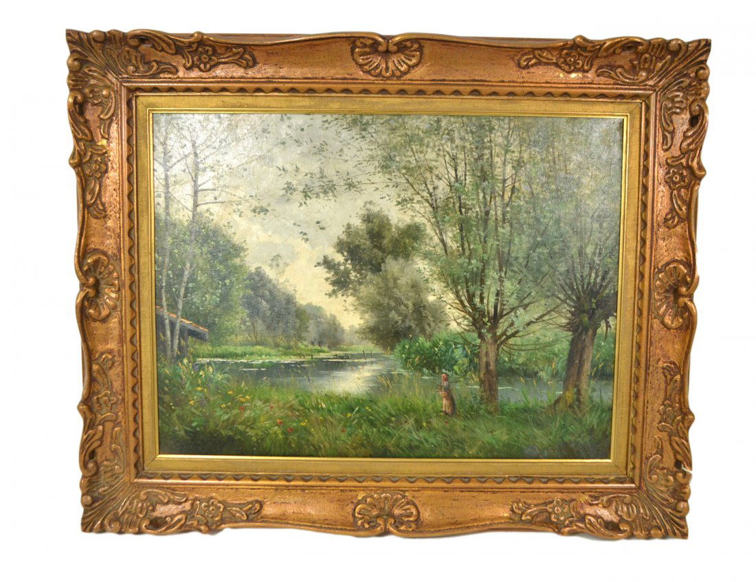 Louis Aston Knight, Figure in Landscape: Gilt framed oil on canvas of a woman in an extensive river/landscape. Signed lower left, "Aston Knight 1914". [Art: 18" x 24"; Frame: 31" x 25"]. Good condition.