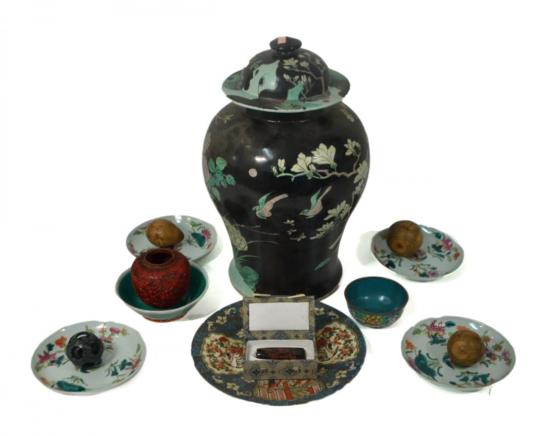 15 Chinese Decorative Objects: Comprises ginger jar, assorted plates, bowls, puzzle ball. Hardstone, slate, etc. [Largest: 17" H]. All sold "as is."