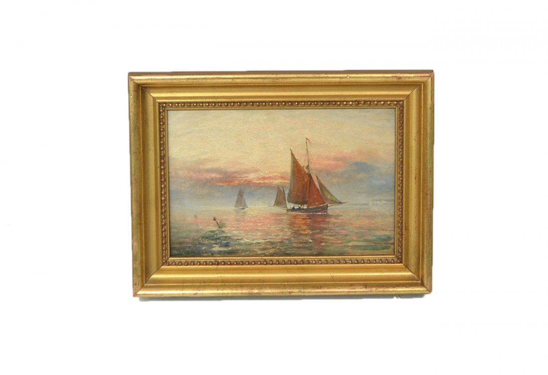 T.U. Kingsbury - Boats at Sunset: "Maritime Scene at Sunrise," signed bottom left: "T.U. Kingsbury." [Art: 11 3/8" x 7 1/2"; Frame: 15" x 11 1/4"]. Light soiling and minor gapping.