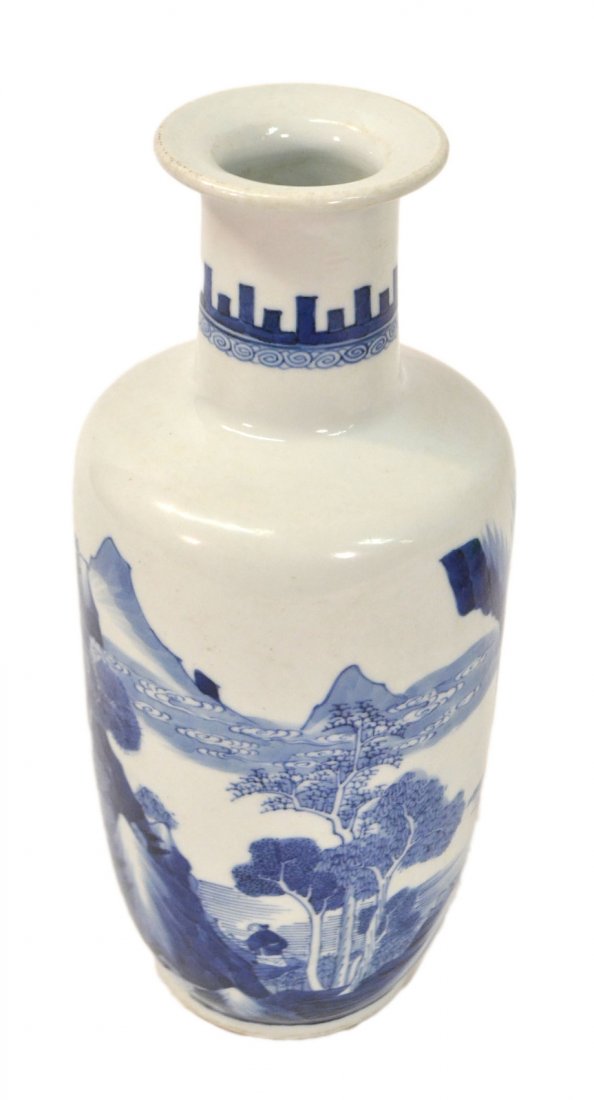 Chinese Qing Dynasty Vase: Thick body blue and white glazed porcelain high shoulder vase. Features all-over mountaintop landscape with figures and temples among peaks, valleys, and lakes. Signed calligraphically on bottom. [4 1