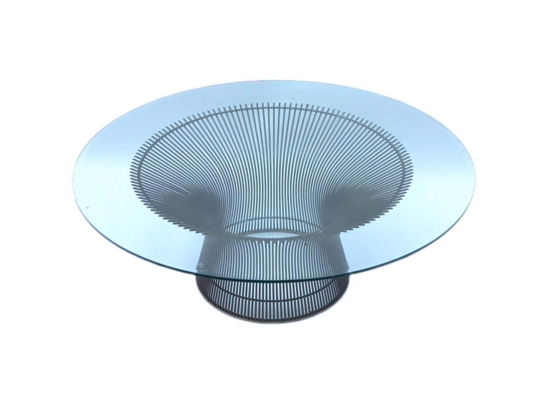 Warren Platner Table: Round wire-form beveled glass top cocktail table. Manufactured by Knoll [42" Dia x 15 1/4" H].