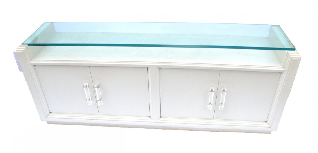 Karl Springer Glass Top Credenza: Contemporary glass insert top, 4-door credenza/server with Lucite handles. [72" W x 18" D x 28" H].