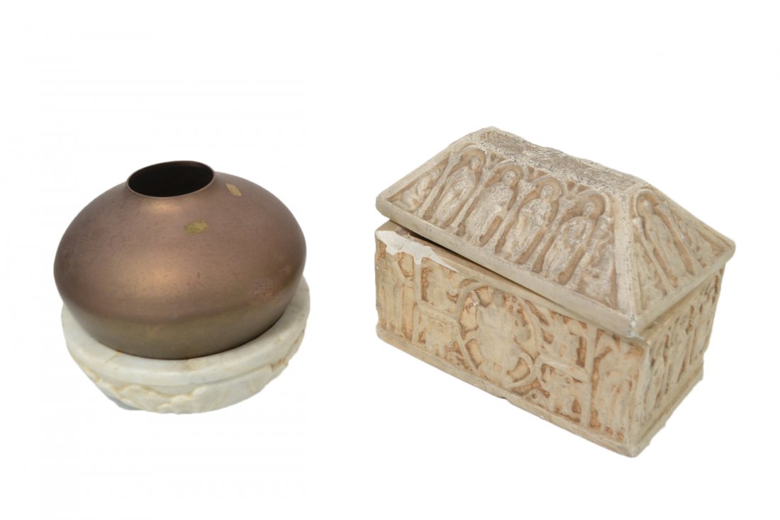 Three Decorative Articles: Comprises marble bowl, brass vase and plaster coffer. Coffer bears losses. [Largest: 7" H].