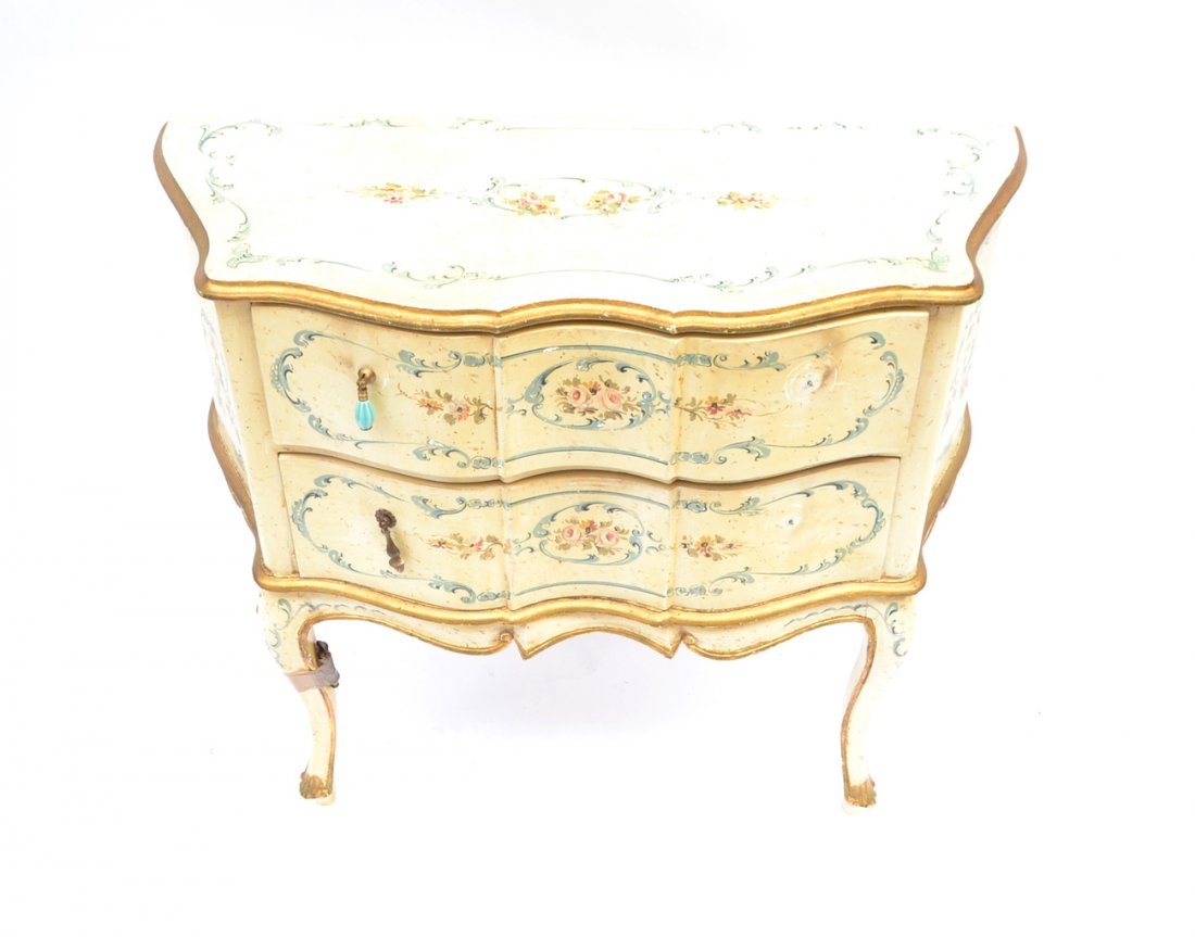 Venetian-Style Commode: Yellow and blue trim floral decorated two-drawer commode. [38 1/2" W x 16 1/2" D x 31 1/2" H]. Missing two handles.
