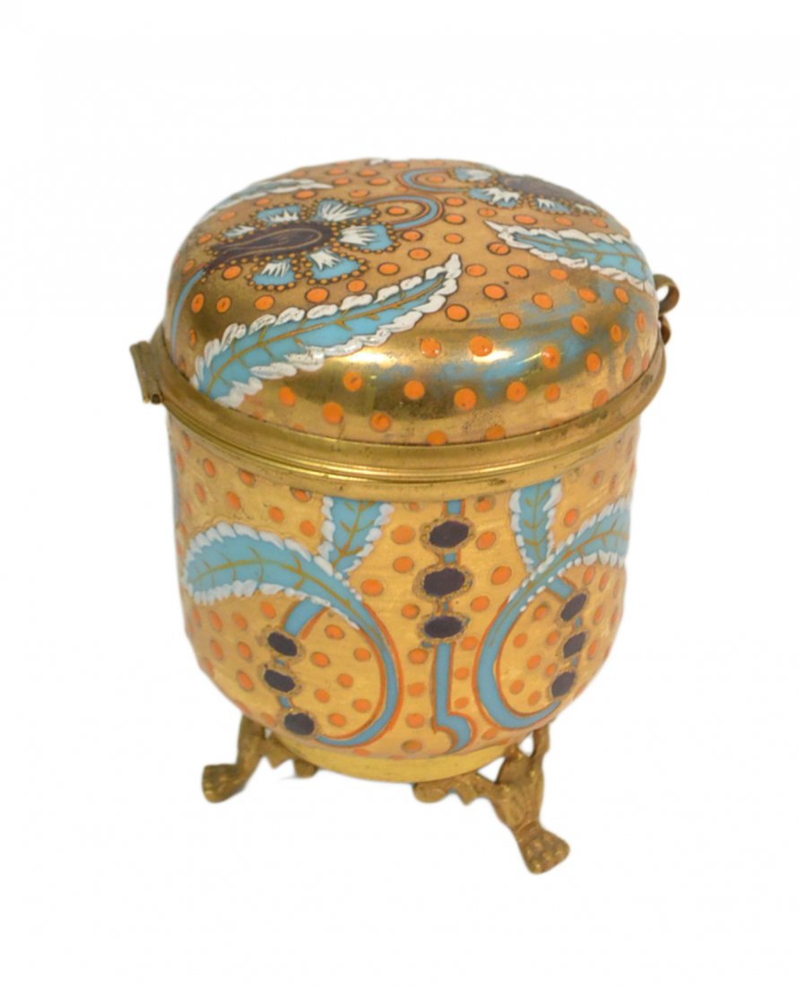 Gilt and Enamel Opaline Box: Enamel decorated with floral and foliate decoration raised in gilt metal base. [3 3/4" Dia x 5 1/4" H]. Good condition.